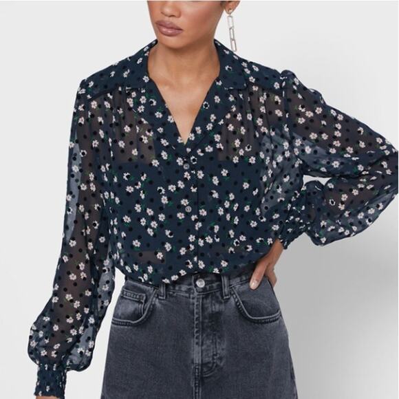 NWT Topshop Flock Daisy Floral Button Front Semi Sheer Blouse Black Size 4 - Picture 2 of 7